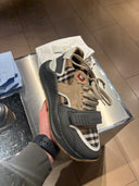 Sneakers Check beige taupe vintage à bride logo et empiècements suédés