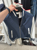 Blouson teddy zippé monogrammé bleu marine et blanc