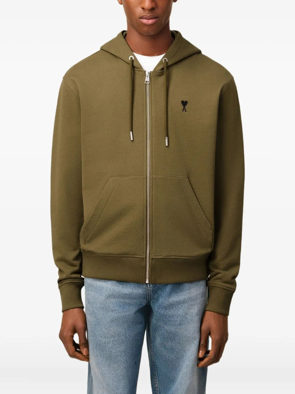 Hoodie Zippé Kaki AMI Paris Ami de Cœur Noir en Coton — vue 3