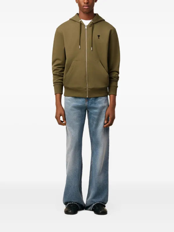Hoodie Zippé Kaki AMI Paris Ami de Cœur Noir en Coton — vue 2