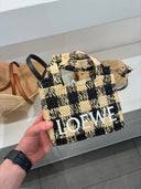 Mini cabas tressé à motif damier naturel et noir
