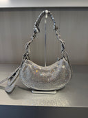 Sac porté épaule Le Cagole Shoulder Bag XS en veau suédé à strass gris fumé