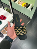 Sandales à bride tissée géométrique noir et beige