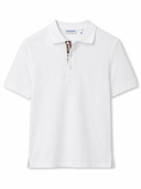 Polo piqué à patte de boutonnage check blanc