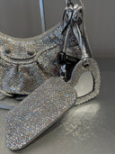Sac porté épaule Le Cagole Shoulder Bag XS en veau suédé à strass gris fumé