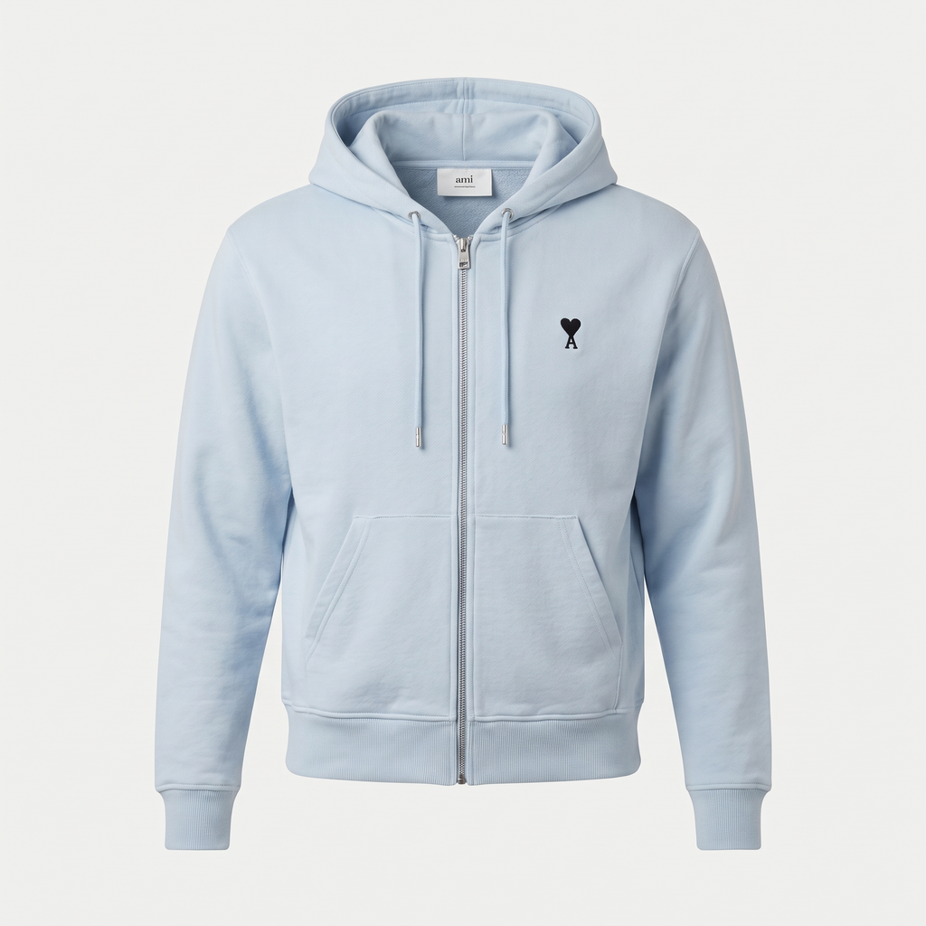 Hoodie Zippe Ami De Coeur Noir Bleu Ciel en Coton – face
