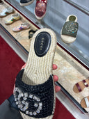 Mules espadrilles tressées à cristaux Double G noires