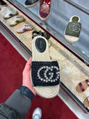 Mules espadrilles tressées à cristaux Double G noires