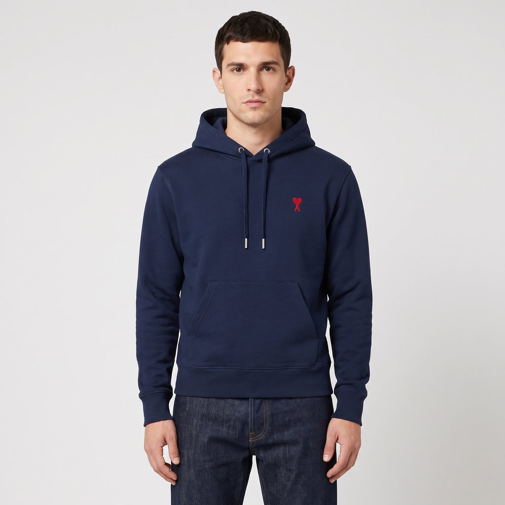 Hoodie Bleu Marine Ami de Coeur Rouge En Coton – porté – face