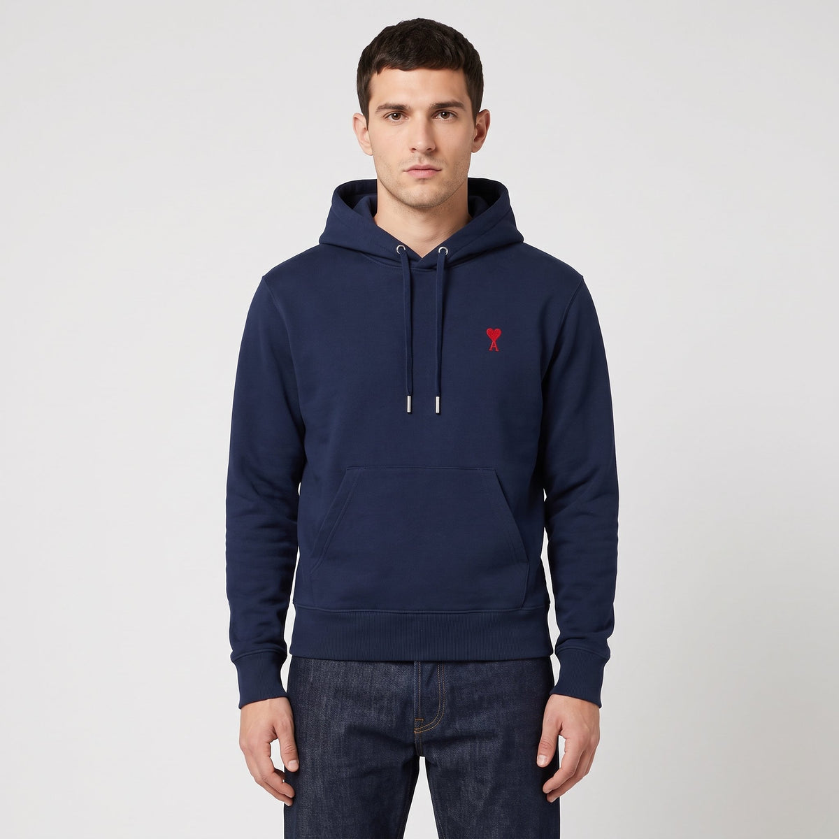 Hoodie Bleu Marine Ami de Coeur Rouge En Coton – porté – face