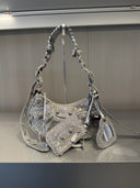 Sac porté épaule Le Cagole Shoulder Bag XS en veau suédé à strass gris fumé