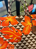 Cabas tropical en toile imprimée géométrique marron, écru et orange grand format