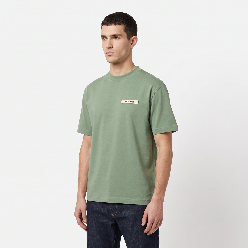 Le t-shirt Gros Grain Jacquemus Khaki – porté – trois-quarts