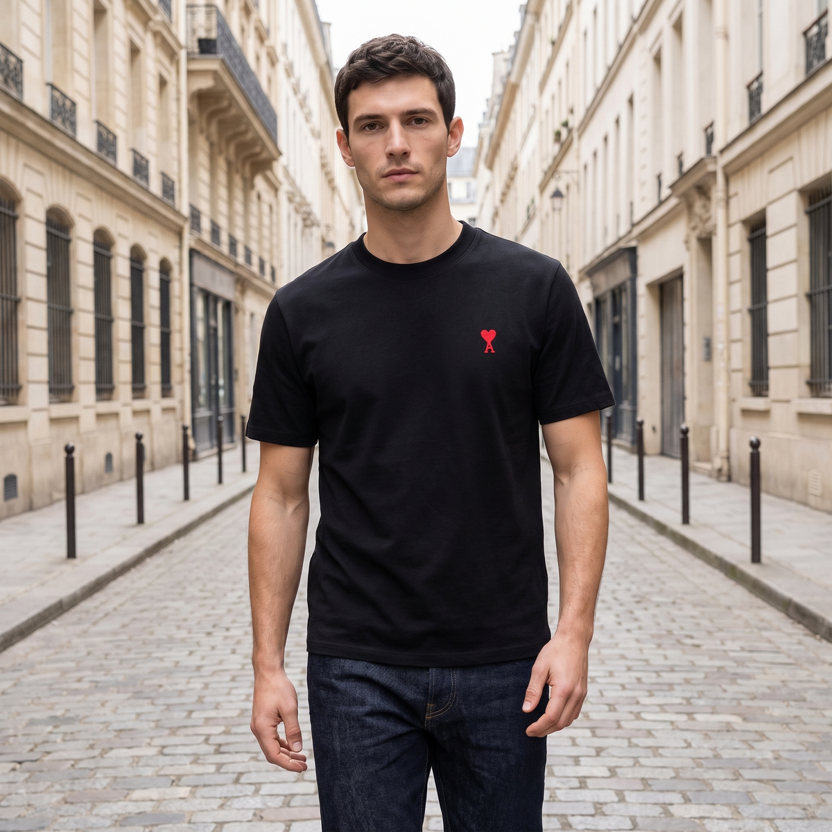 T-shirt Noir Ami de Coeur Rouge en Coton – porté – ambiance