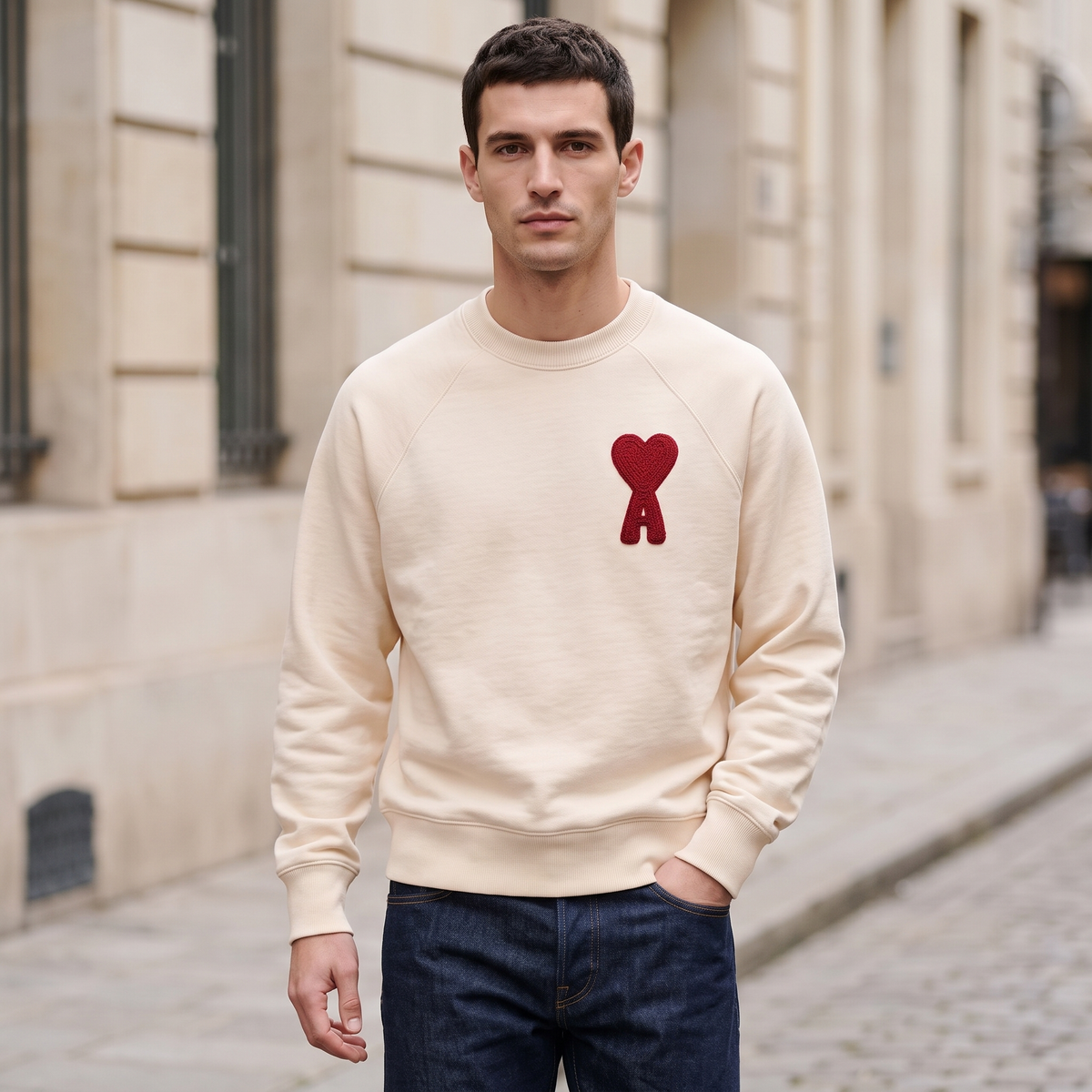 Sweatshirt Beige Patch Rouge Ami de Coeur En Coton – porté – ambiance