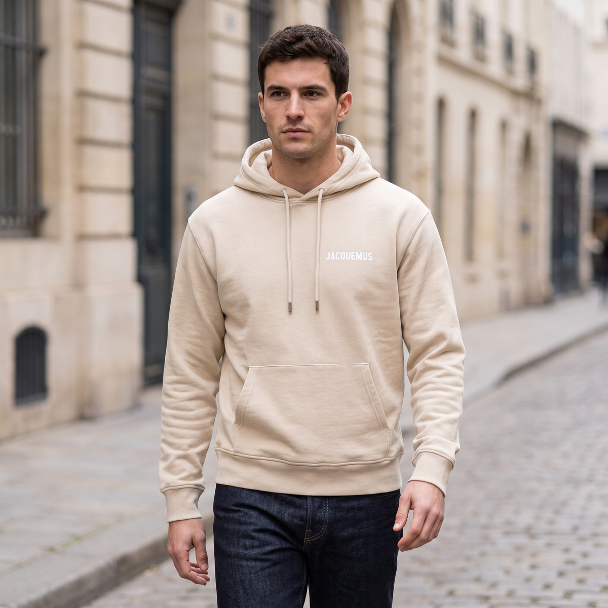 Le Hoodie Classique Jacquemus Beige – porté – ambiance