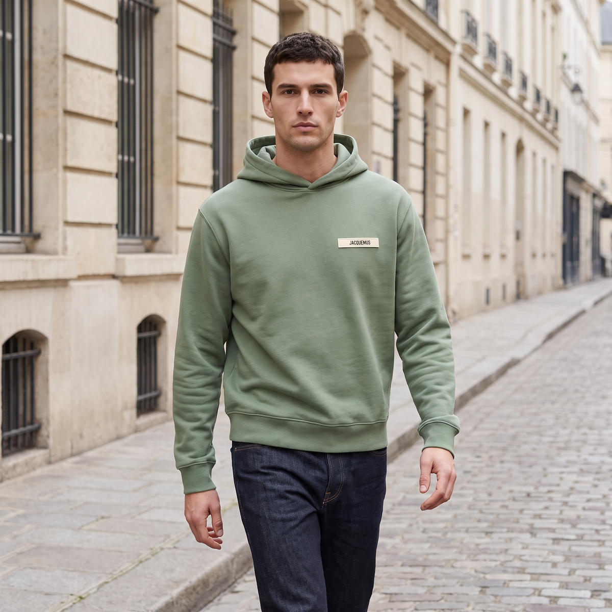 Le Hoodie Gros Grain Jacquemus Khaki – porté – ambiance