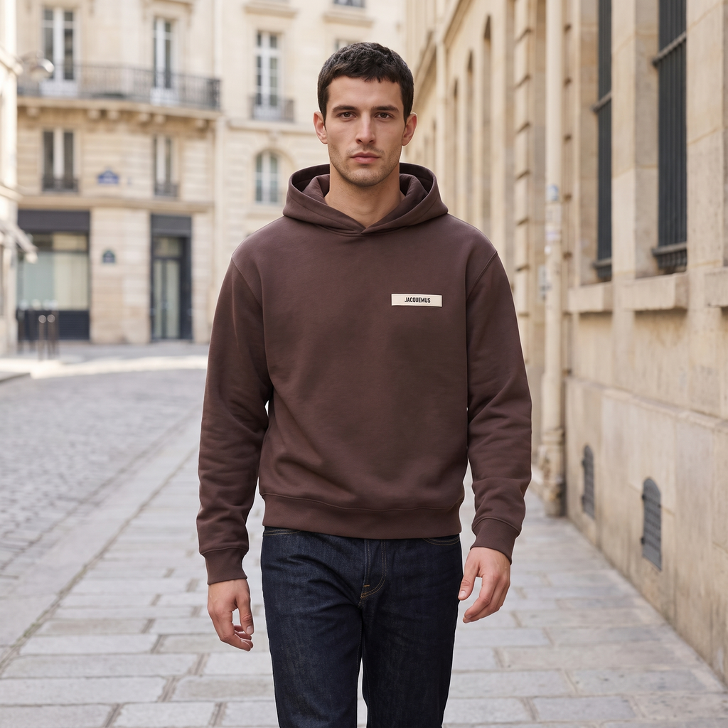 Le Hoodie Gros Grain Jacquemus Dark Brown – porté – ambiance