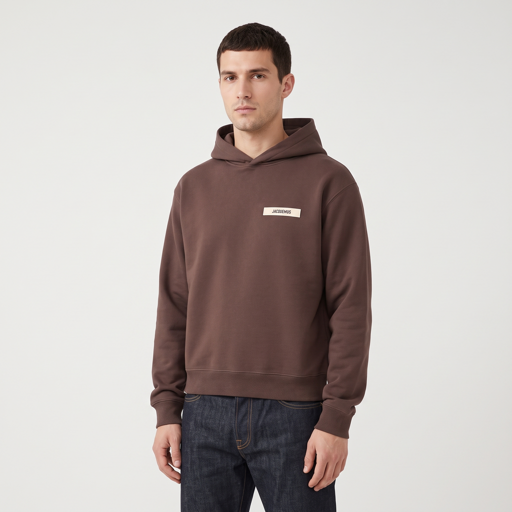 Le Hoodie Gros Grain Jacquemus Dark Brown – porté – trois-quarts