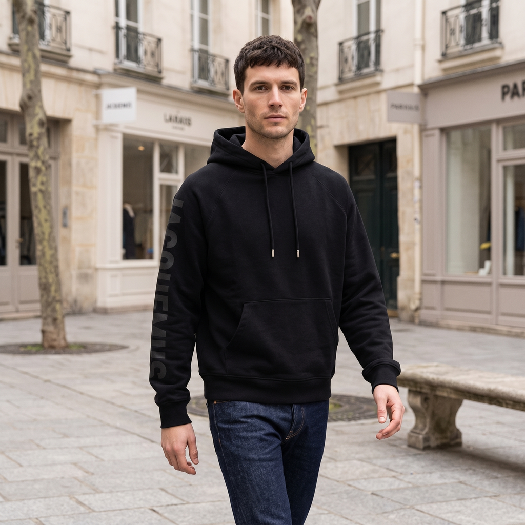 Le Hoodie Typo Jacquemus Noir – porté – ambiance