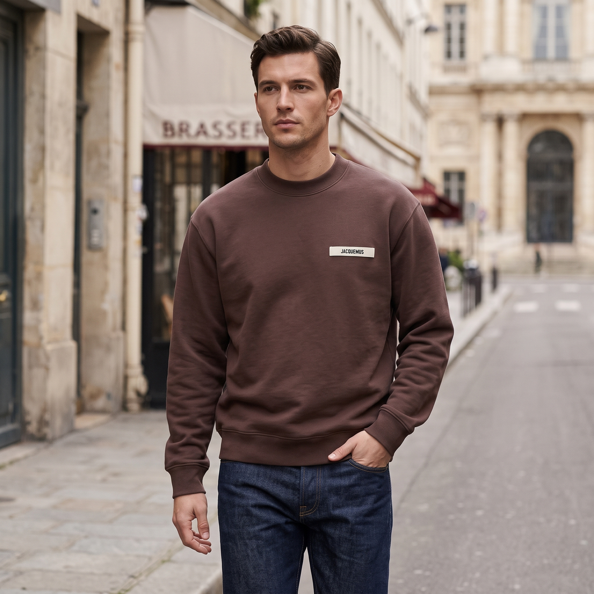 Le Sweatshirt Gros Grain Jacquemus Dark Brown – porté – ambiance