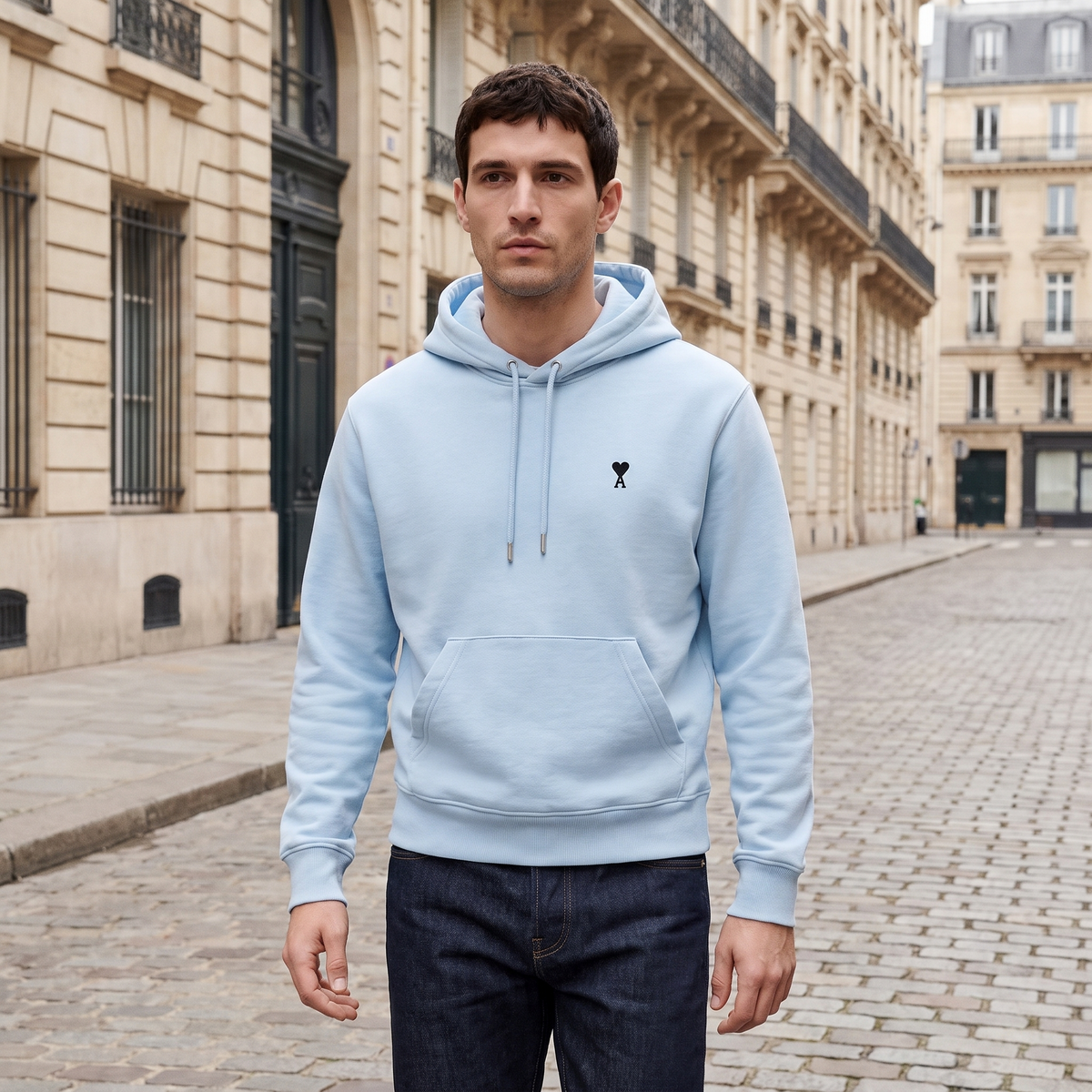 Hoodie Bleu Ciel Ami De Coeur Noir en Coton – porté – ambiance