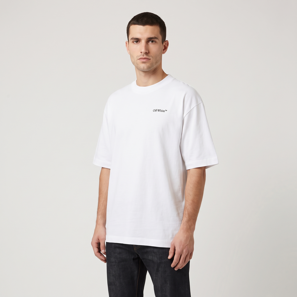 T-shirt Off-White White Logo Black – porté – trois-quarts