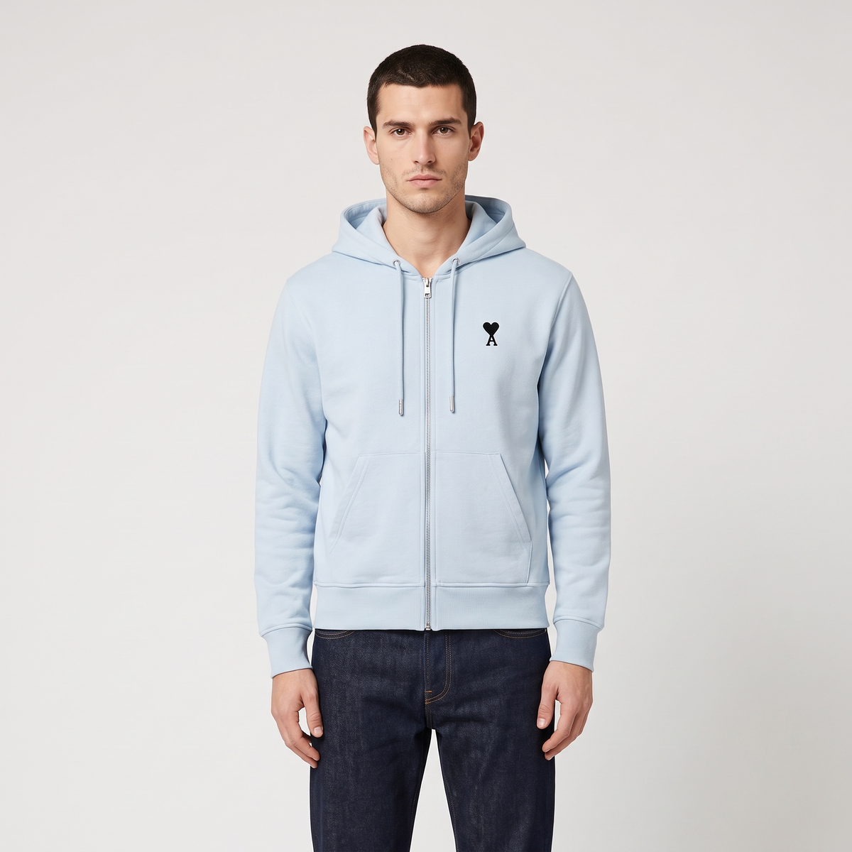 Hoodie Zippe Ami De Coeur Noir Bleu Ciel en Coton – porté – face