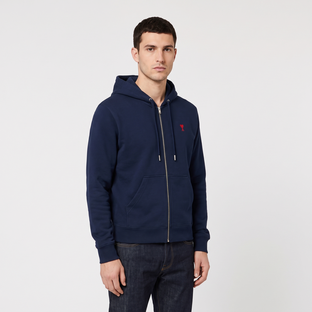 Hoodie Zippe Ami De Coeur Rouge Bleu en Coton – porté – trois-quarts