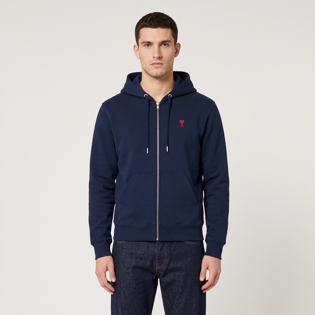 Hoodie Zippe Ami De Coeur Rouge Bleu en Coton – porté – face