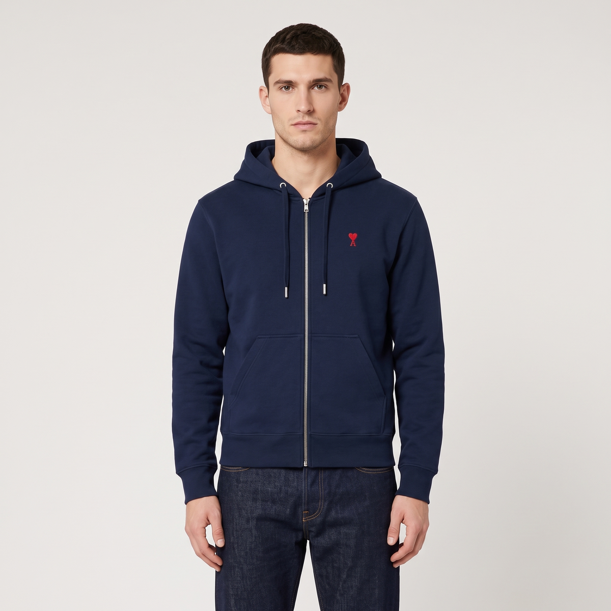 Hoodie Zippe Ami De Coeur Rouge Bleu en Coton – porté – face