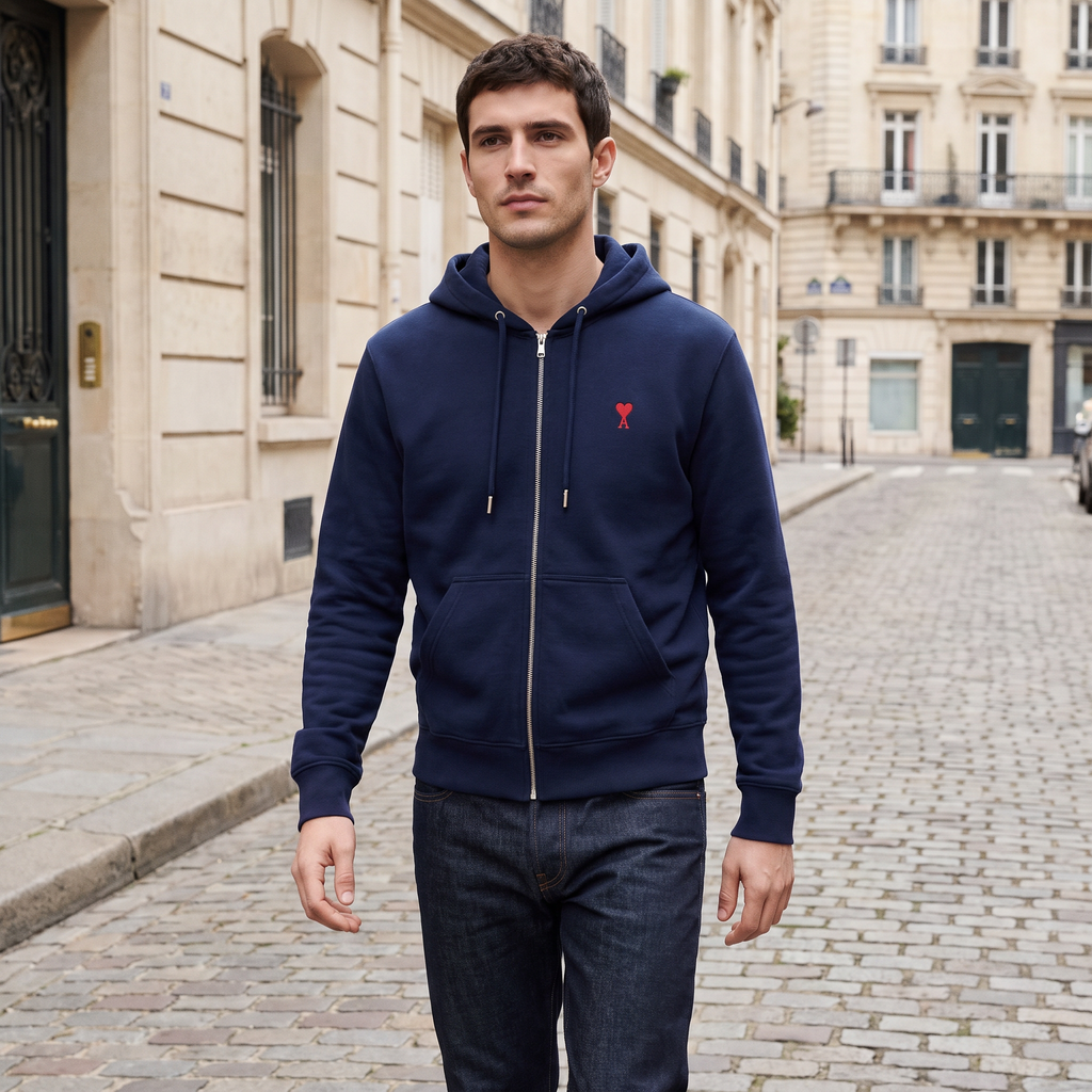 Hoodie Zippe Ami De Coeur Rouge Bleu en Coton – porté – ambiance