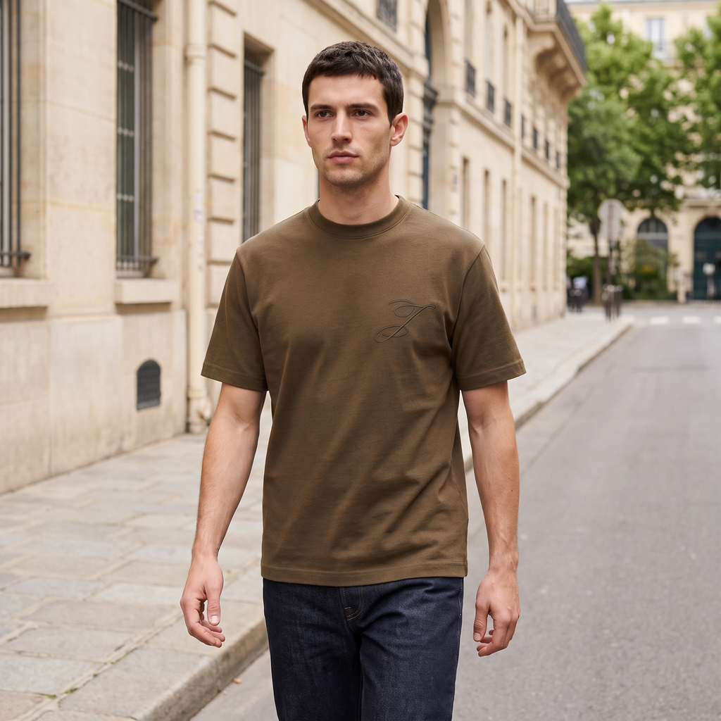 Le t-shirt Logo Jacquemus Khaki – porté – ambiance