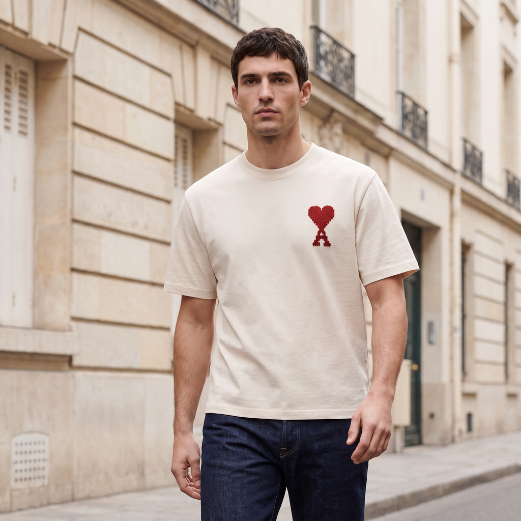 T-shirt Beige Ami Soleil Rouge – porté – ambiance