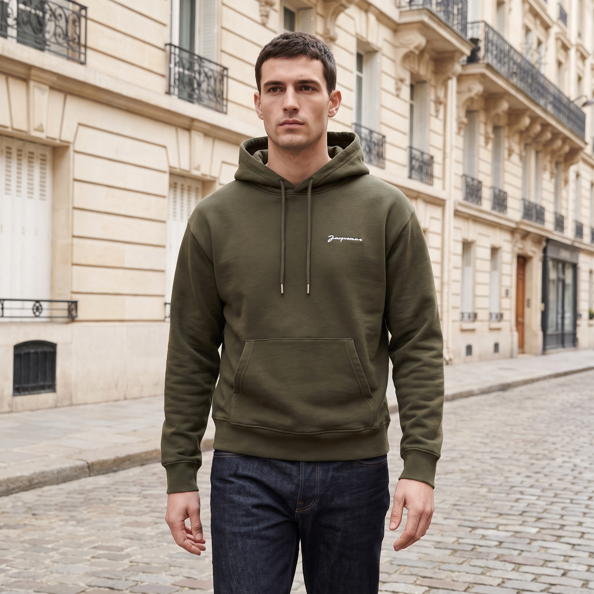 Le hoodie Brode Jacquemus Dark Khaki – porté – ambiance