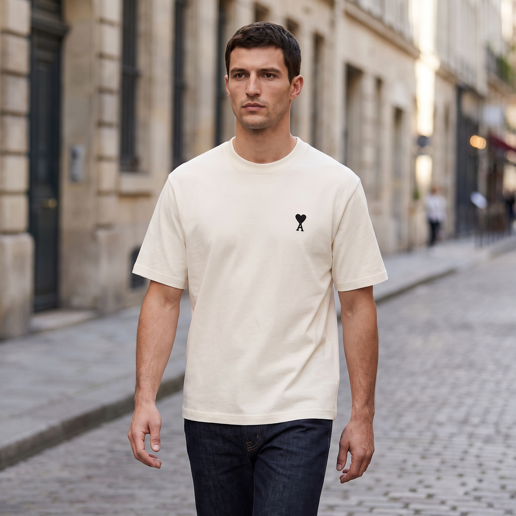 T-shirt Creme Ami de Coeur Place des Victoires – porté – ambiance
