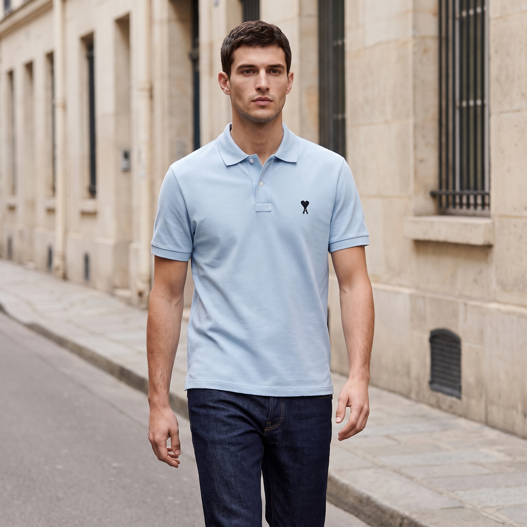 Polo Bleu Ciel Ami de Coeur Noir en Coton – porté – ambiance
