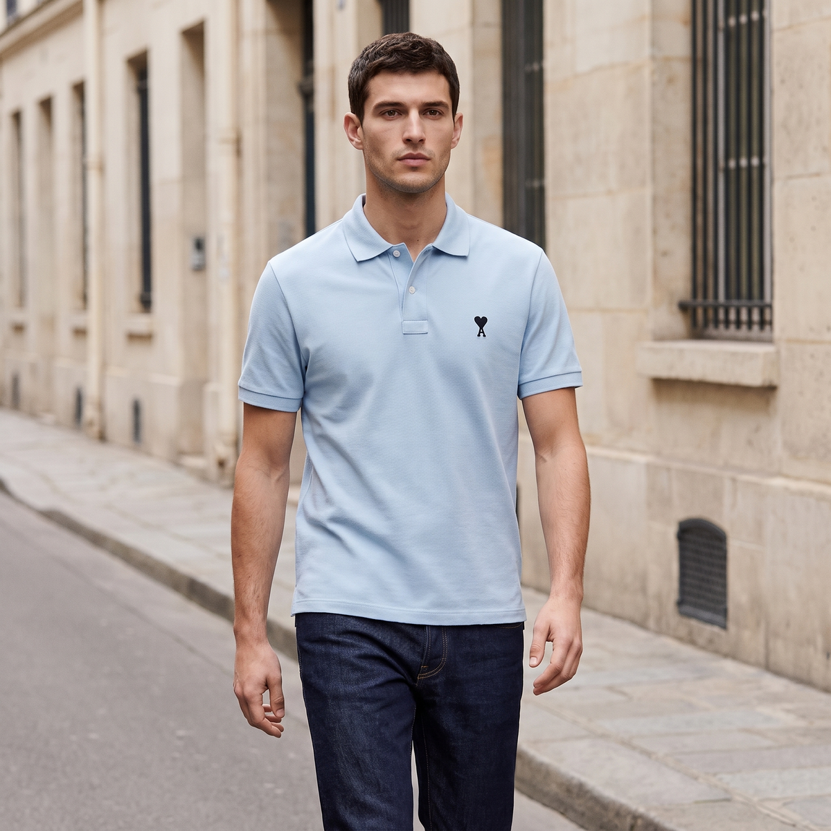Polo Bleu Ciel Ami de Coeur Noir en Coton – porté – ambiance