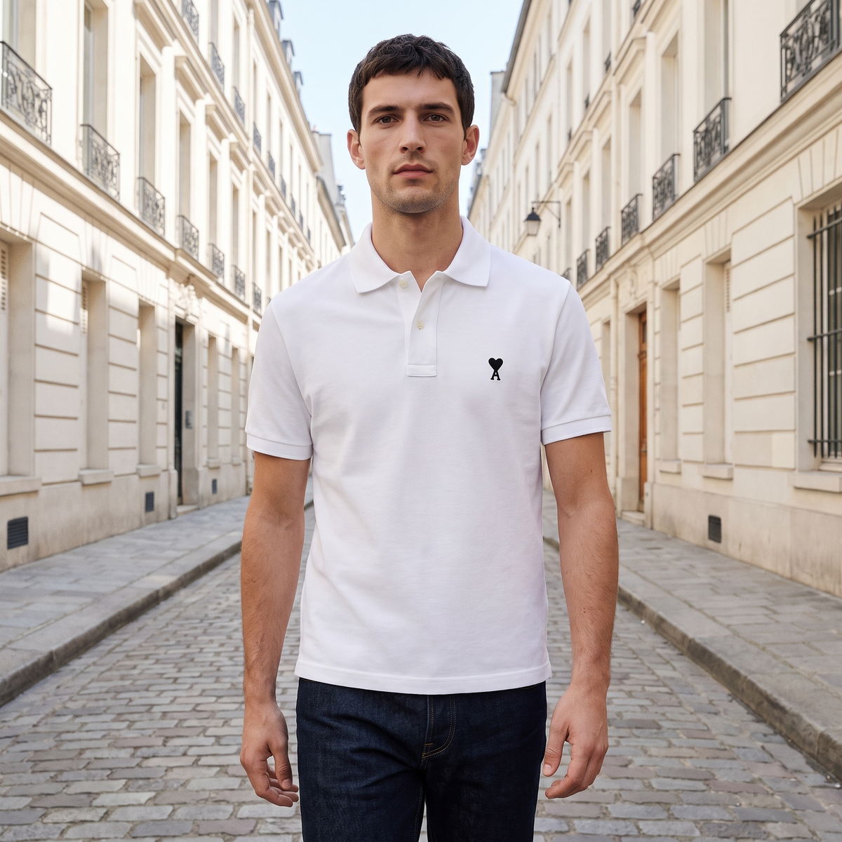 Polo Blanc Ami de Coeur Noir en Coton – porté – ambiance