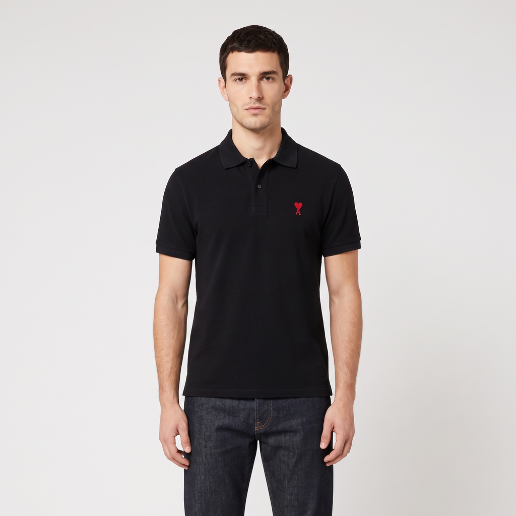 Polo Noir Ami de Coeur Rouge en Coton – porté – face