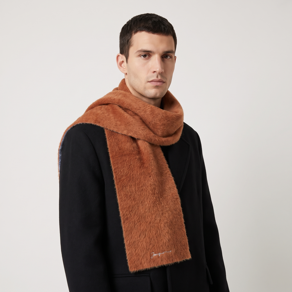 L'écharpe Jacquemus Neve Brown – porté – trois-quarts