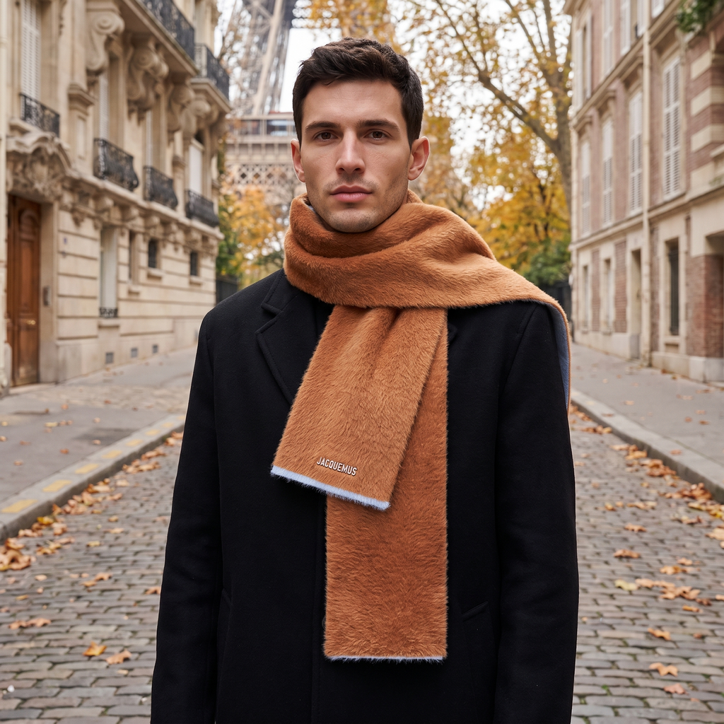 L'écharpe Jacquemus Neve Brown – porté – ambiance