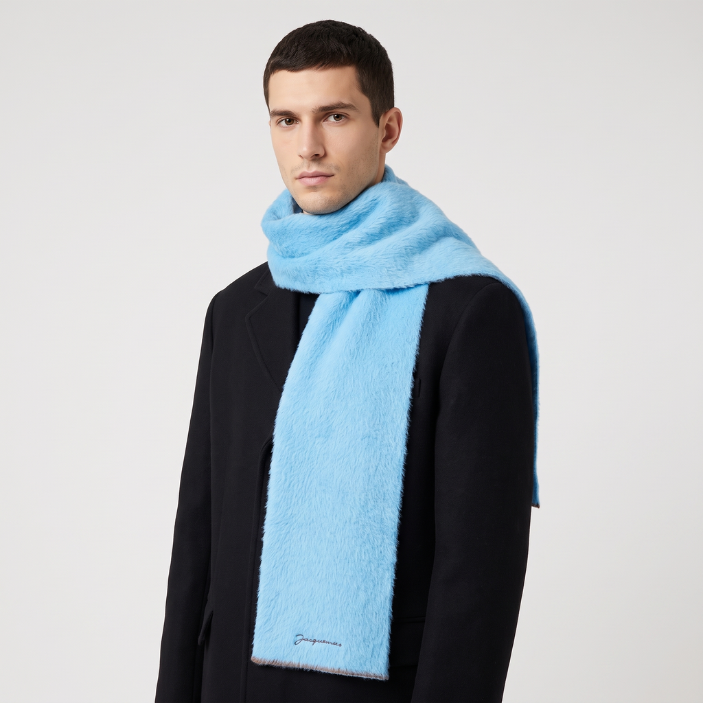 L'écharpe Jacquemus Neve Light Blue – porté – trois-quarts
