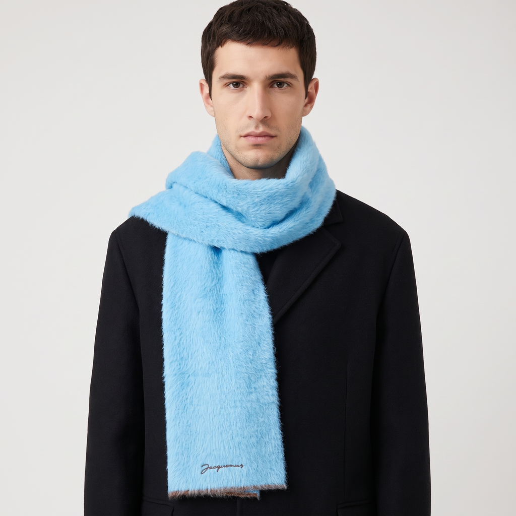 L'écharpe Jacquemus Neve Light Blue – porté – face