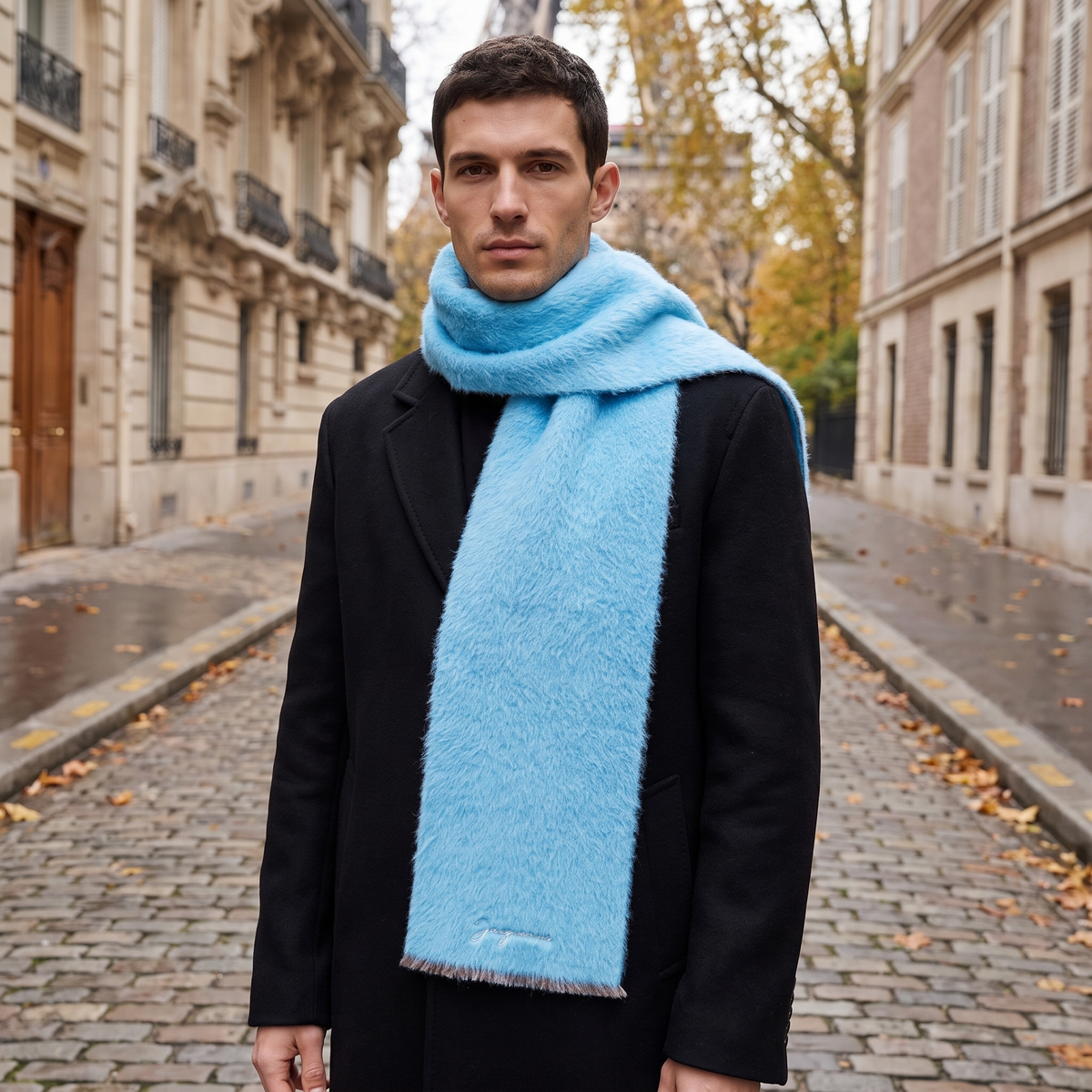 L'écharpe Jacquemus Neve Light Blue – porté – ambiance