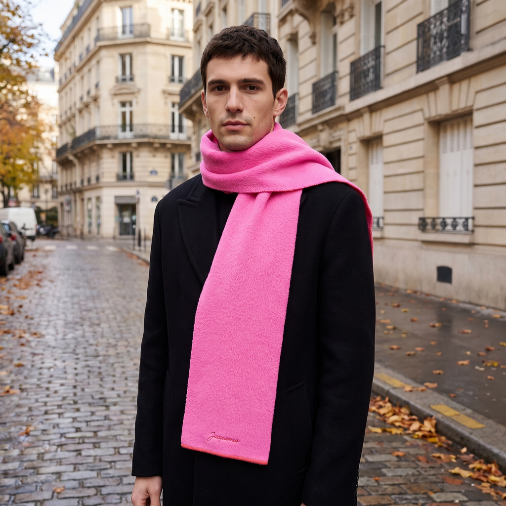 L'écharpe Jacquemus Neve Pink – porté – ambiance