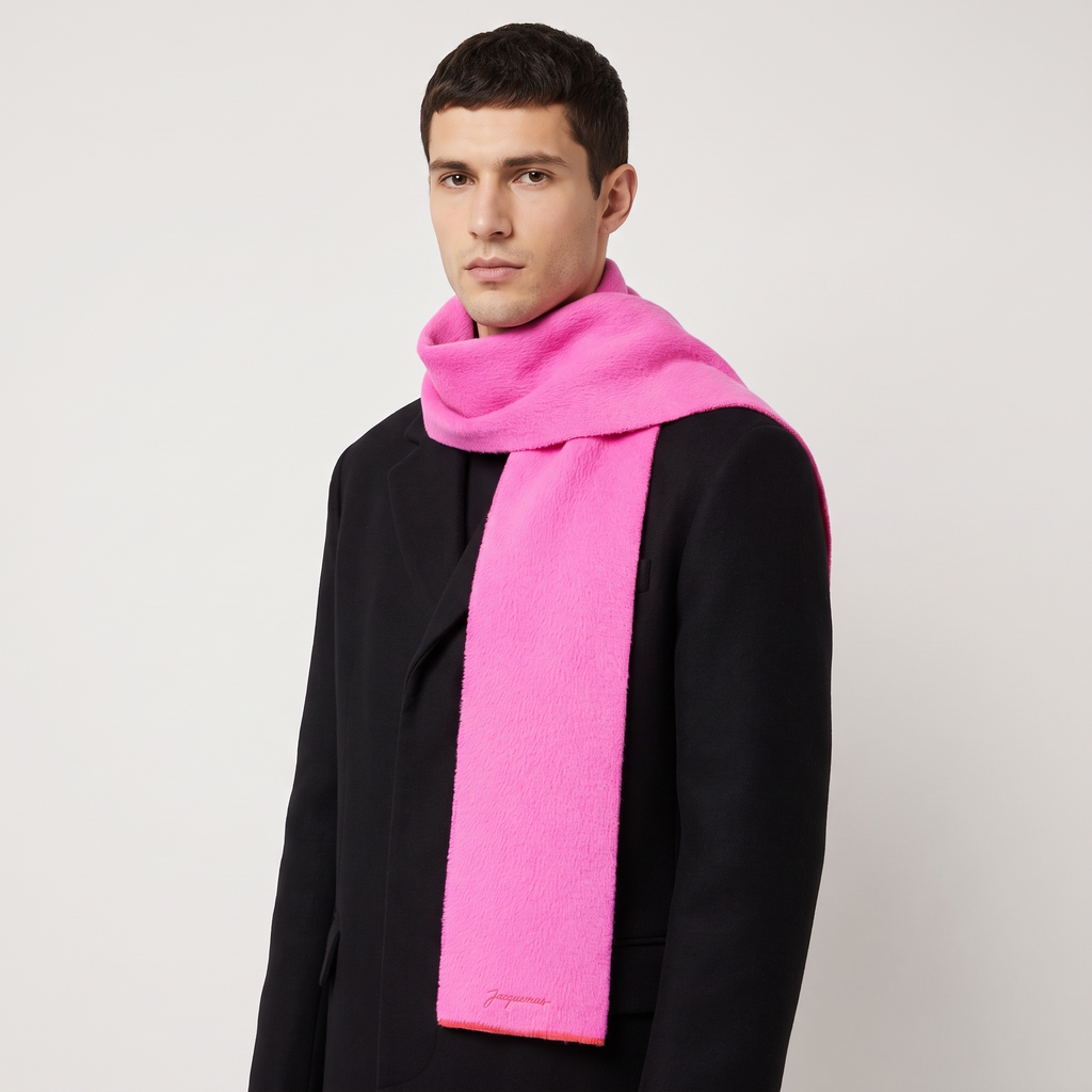 L'écharpe Jacquemus Neve Pink – porté – trois-quarts
