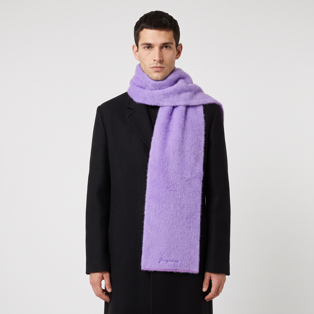 L'écharpe Jacquemus Neve Purple – porté – face