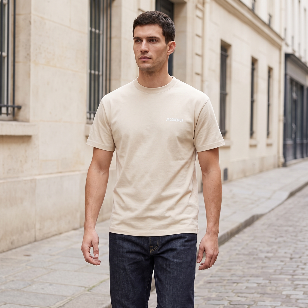 Le t-shirt Jacquemus Cream – porté – ambiance