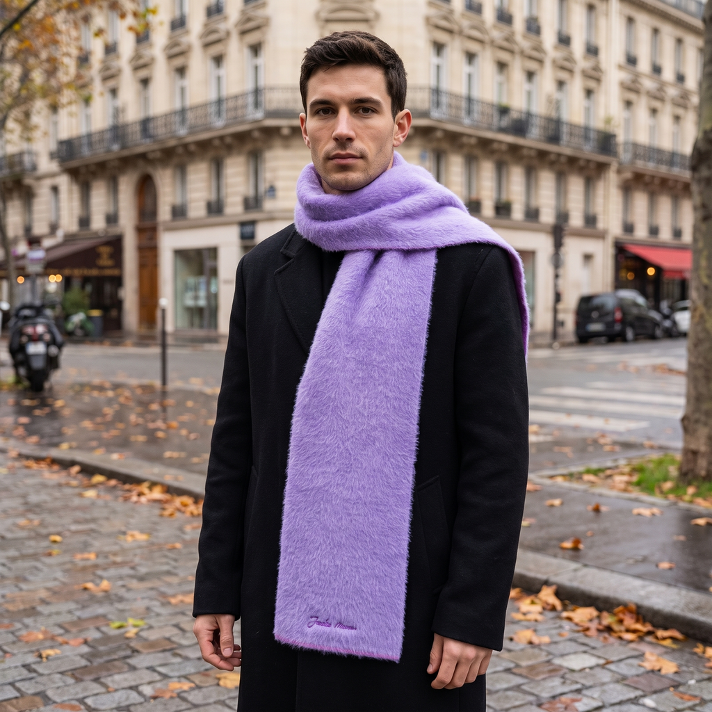 L'écharpe Jacquemus Neve Purple – porté – ambiance
